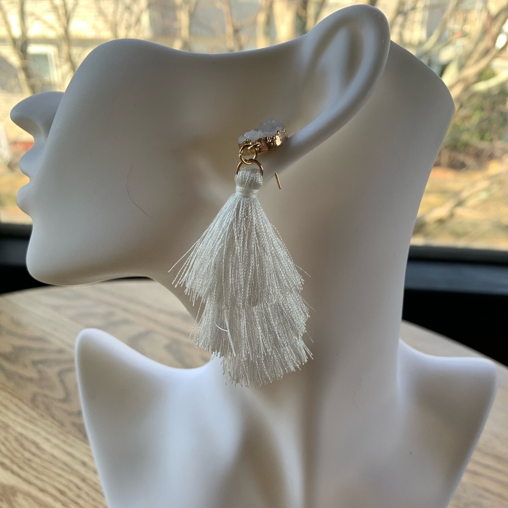 White fringe earrings